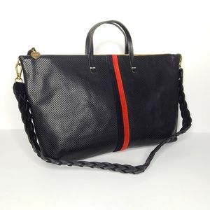 Clare V Attaché Black Perf Navy Blue Red Stripes